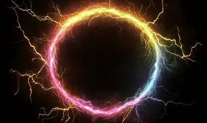 A glowing, vibrant circle of energy shaped by lightning bolts, resembling a halo, with a black background.
