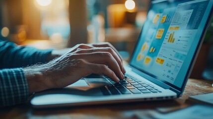 A close-up of hands typing on a laptop, with innovative ideas and strategy plans on the screen