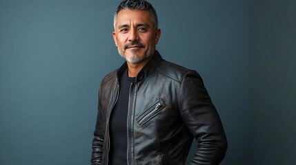 Fototapeta premium Charismatic and confident middle aged Hispanic man wearing a stylish leather jacket and slim fit pants posing in a lighting studio setting with an indigo blue background