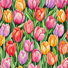 Obraz premium Tulips in Bloom: A vibrant watercolor painting captures the essence of springtime with a profusion of colorful tulips, creating a cheerful and optimistic atmosphere.