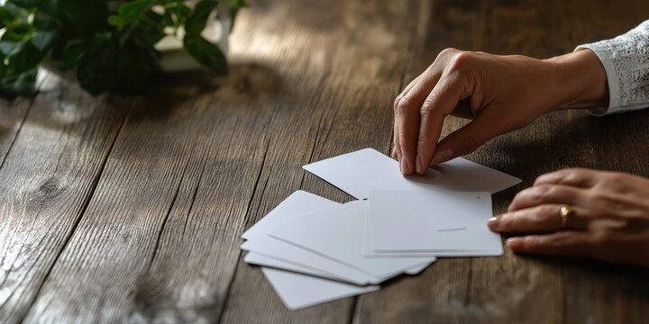 Human hands are seen dealing blank cards on a rustic wooden table, evoking themes of chance, decision-making, and anticipation in a tactile environment.