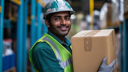 An Indian worker carrying a cardboard box in a warehouse, smiling and looking at the camera, wearing a yellow helmet and a green vest on his back.
