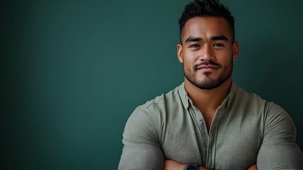 Fototapeta premium Portrait of a young confident Polynesian man dressed in a sleek modern workwear look posing against a plain hunter green background in a professional photo studio setting