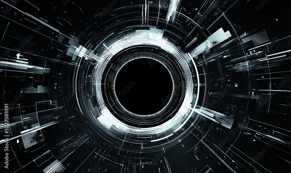 Aufkleber abstract digital tunnel with glowing lines and a circular black space in the center.