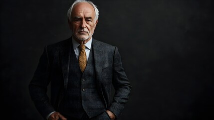 Contemplative portrait of an elderly Caucasian man dressed in a tailored three piece suit posing in a moody studio lighting setup against a plain charcoal background  The subject has a serious