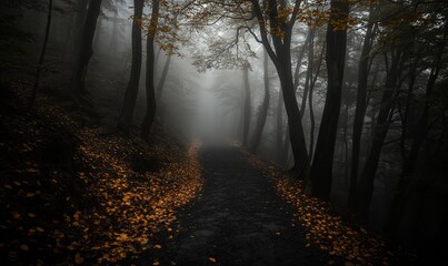 A misty forest path leads through a dense forest, with fallen leaves scattered on the ground, creating a sense of mystery and solitude.
