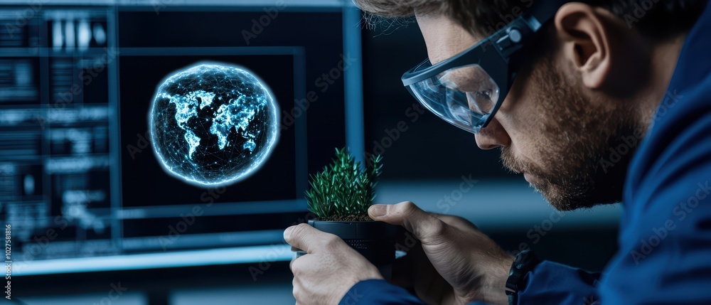 Poster a scientist examining a small plant while analyzing data on a computer screen.