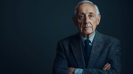 Fototapeta premium Pensive and Experienced Elderly Caucasian Man Wearing Classic Three Piece Suit with Serious Expression Against Charcoal Studio Background The image conveys a sense of authority wisdom
