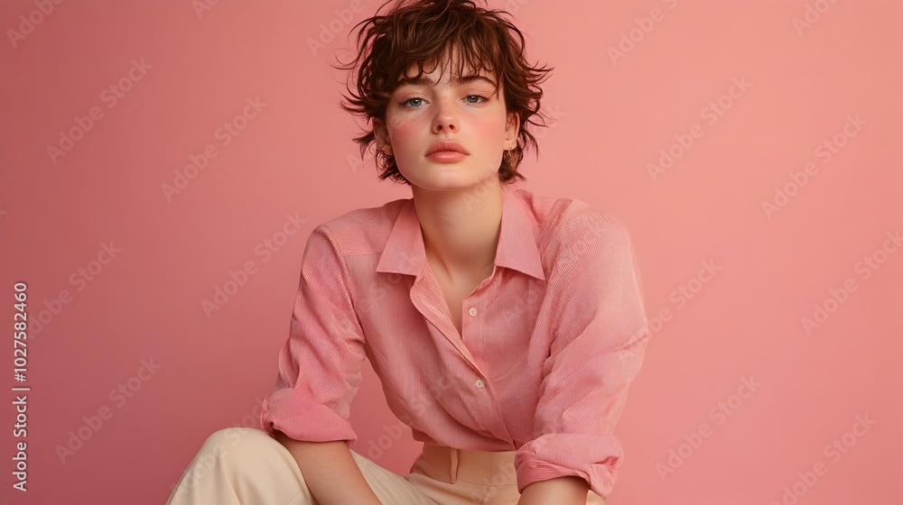 Poster portrait shot of a young non binary individual dressed in an androgynous button down and wide leg tr