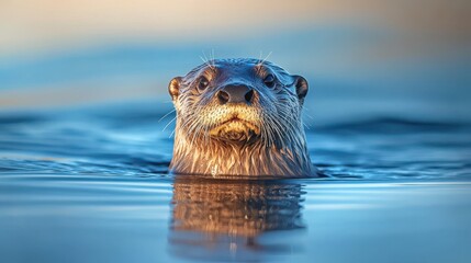 Close-up portrait of an otter swimming in water with reflection in blue background