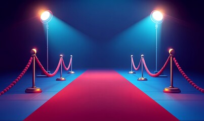 A red carpet with two golden stanchions and red ropes on each side is illuminated by two spotlights in a blue background.
