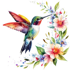 Fototapeta premium Hummingbird's Embrace: A vibrant watercolor painting of a hummingbird delicately feeding from a lush floral wreath, capturing the beauty of nature's vibrant palette.