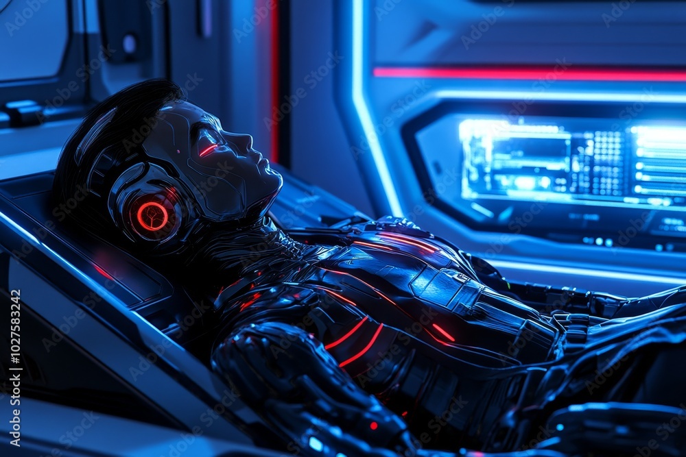 Poster 3d-rendered scene of a person waking up in a futuristic bedroom, with soft morning light streaming i
