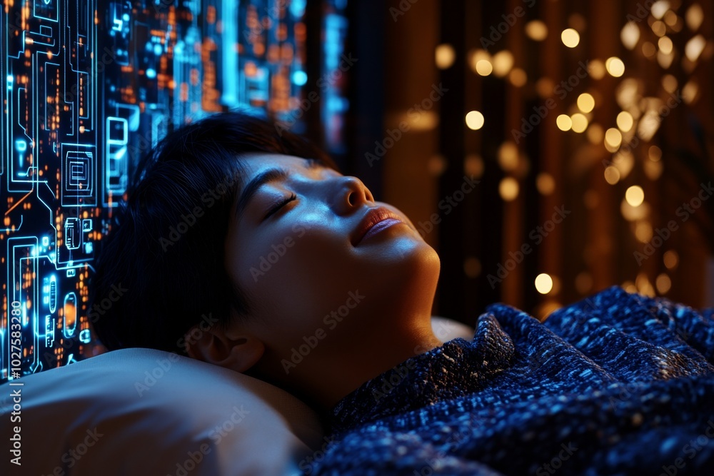 Poster 3d-rendered scene of a person waking up in a futuristic bedroom, with soft morning light streaming i