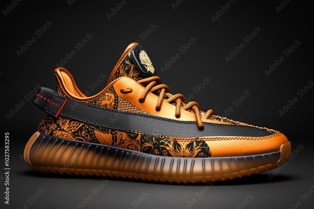 Poster 3d-rendered sneakers with custom designs, showing the process of selecting colors, patterns, and log