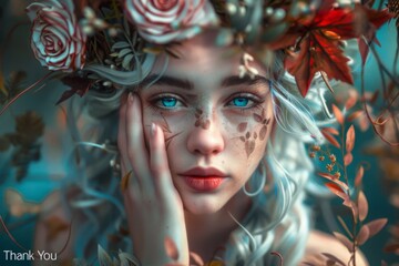Obraz premium A woman with blue eyes and white hair is wearing a flower crown