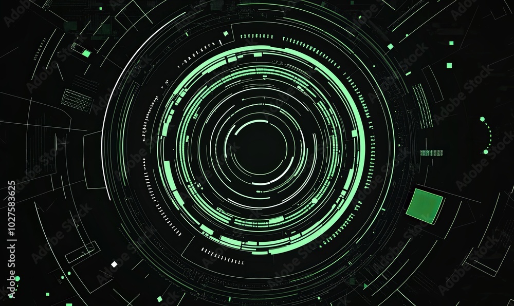 Poster abstract digital background with green glowing concentric circles and lines on a dark background.