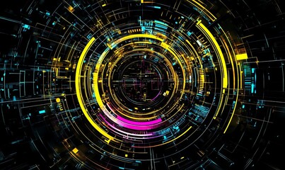 Fototapeta premium Abstract futuristic digital technology background with glowing neon circles and lines.