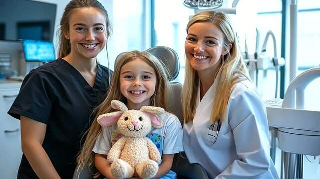 A tender moment as a child hugs a toy rabbit, seated in a dental chair, while the dentist and assistant offer reassuring smiles, framed by the soft lighting of the office