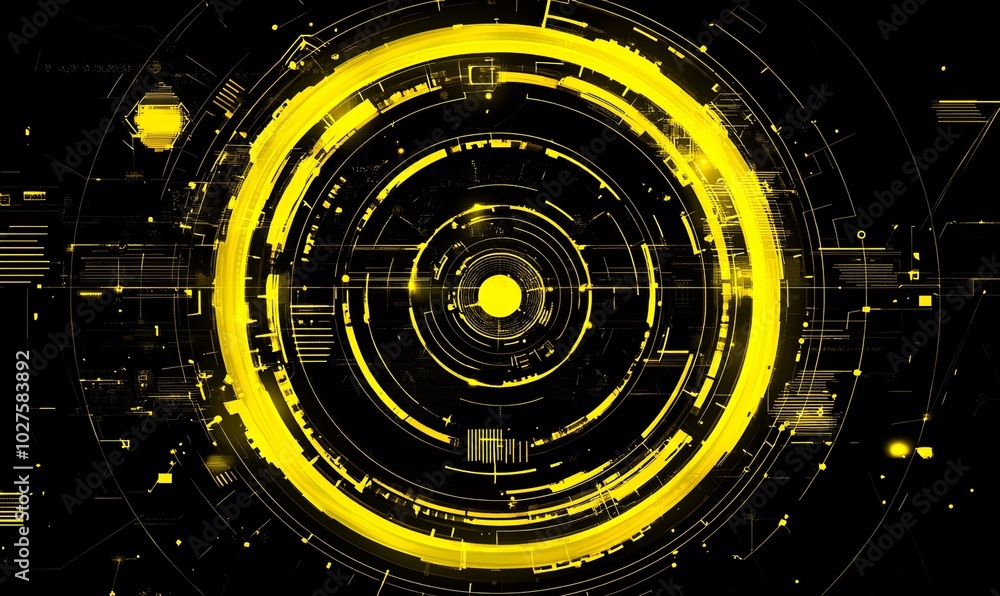 Aufkleber abstract digital background with yellow glowing circle and futuristic interface elements.