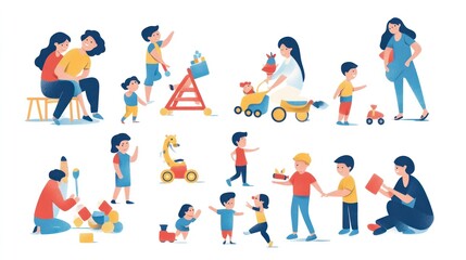 Fototapeta premium Kids playtime vector illustrations, showing children playing with toys, parents joining in, lively and joyful