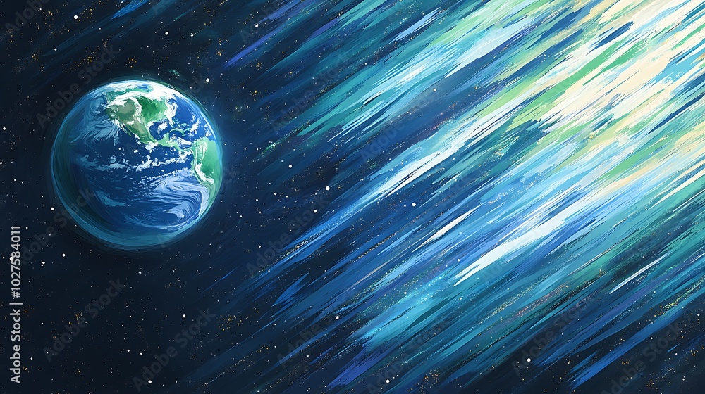 Poster a blue and green planet in the vastness of space with a bright streak of light behind it.