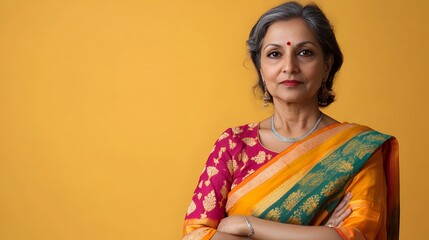 Portrait of a thoughtful middle aged Indian woman dressed in a vibrant colorful sari with studio lighting on a plain mustard background conveying a sense of elegance cultural identity