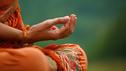 A close-up of hands in a meditative mudra, resting gently on the knees during a yoga session