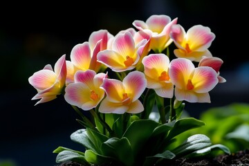 Obraz premium Butterfly orchids fluttering in the breeze, their yellow and pink petals resembling delicate wings, as they sway gently in a sunny garden