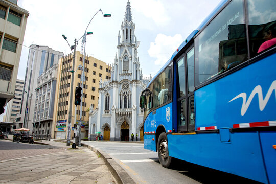 La Ermita Church.Cali, Colombia, August 31, 2024, neo-gothic architecture, near the Cali river. Cop16, biodiversity. Articulated buses Mio.Bulevar