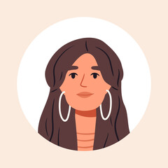 Cute female character portrait. Woman portrait, stunning woman face, young lady flat vector illustration. Beautiful girl avatar