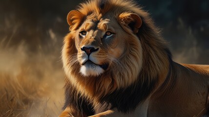 Obraz premium A majestic lion with a golden mane lies in the grass, staring intensely at something in the distance.