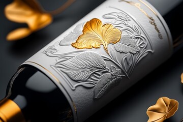 Close-up of a personalized wine bottle label, with intricate designs and gold embossing capturing the luxury of the custom product in stunning, lifelike detail