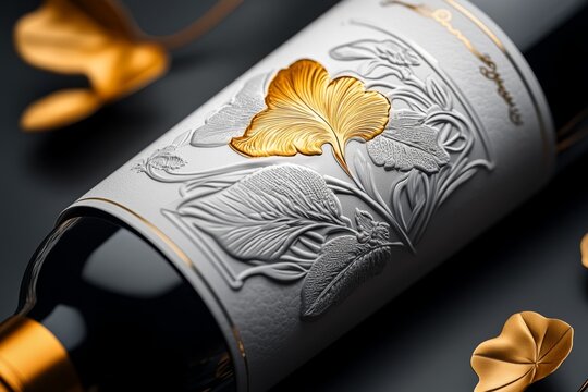 Close-up of a personalized wine bottle label, with intricate designs and gold embossing capturing the luxury of the custom product in stunning, lifelike detail