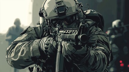 Modern military vector illustrations, showcasing characters in action, equipped with advanced gear and technology