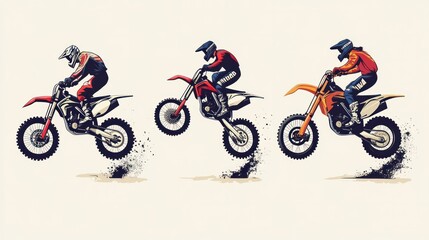 Motocross vector illustrations, showcasing riders on dirt bikes performing jumps and stunts