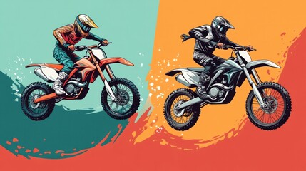 Motocross vector illustrations, showcasing riders on dirt bikes performing jumps and stunts