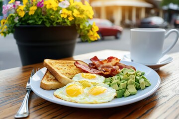 Delicious breakfast plate with eggs, bacon, avocado, toast, and coffee, set in a sunny outdoor cafe.