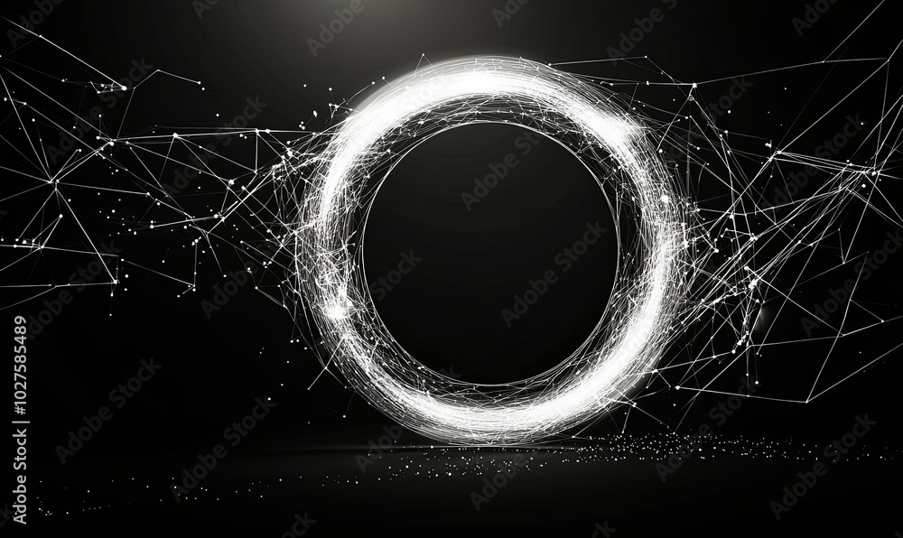 Poster abstract glowing circle made of connected lines and dots on a dark background.