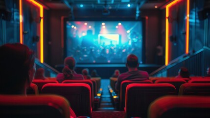 Patrons relax in plush seats, immersed in the excitement of a thrilling movie experience under vibrant lighting. Generative AI