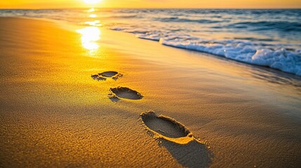 Obraz premium Footprints in the sand at sunset on a beach.