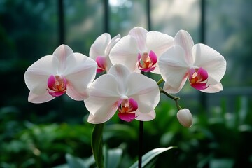 Cluster of white and pink orchids blooming in a greenhouse, with soft mist surrounding them, creating a peaceful, serene atmosphere
