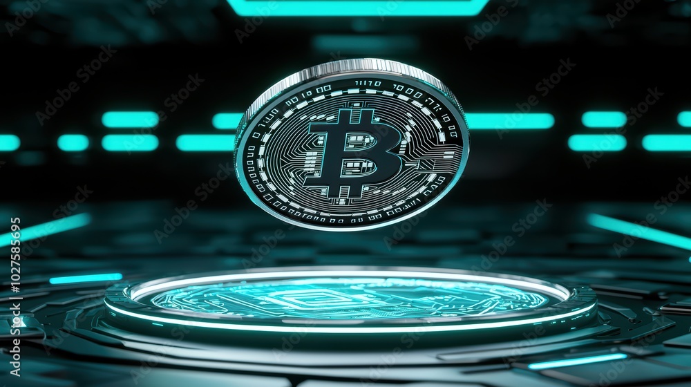 Poster digital bitcoin coin hovering with glowing elements in a high-tech environment.