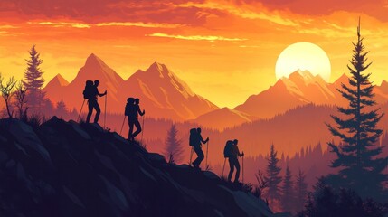 Fototapeta premium Mountain hiking vector illustration, depicting hikers on a mountain trail with scenic backgrounds