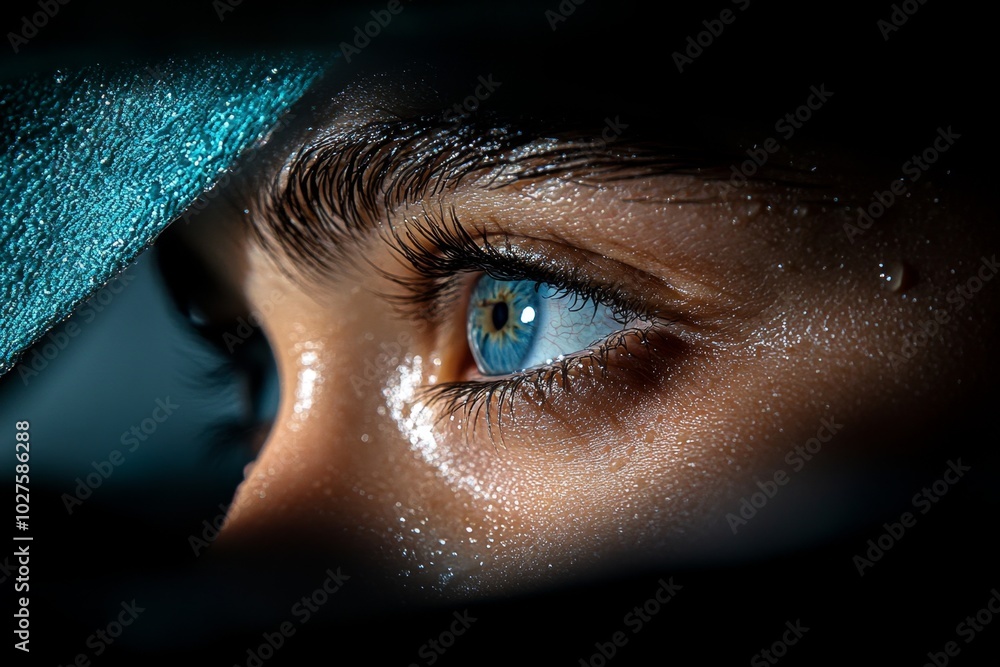 Poster detailed shot of a personâ€™s face in the morning light, eyes half-open, with every detail of their 