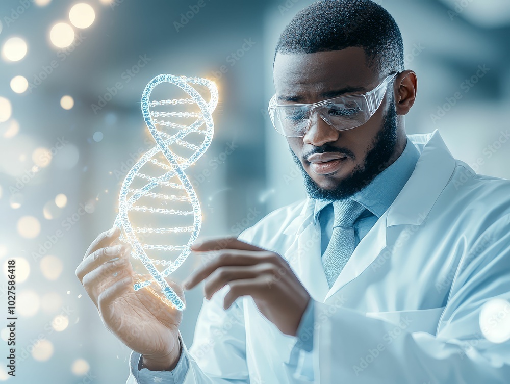 Wall mural scientist in a lab coat interacting with a 3d holographic dna model, symbolizing progress in genetic