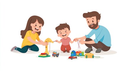 Parents teaching kids life skills vector, depicting learning moments like tying shoelaces and organizing toys