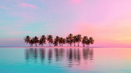 Obraz premium A peaceful tropical island lined with palm trees reflecting on calm water, beneath a pink and blue sunset sky.