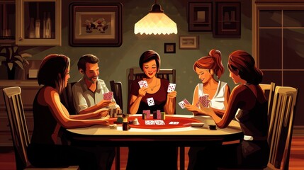 Playing card games vector, showing family members enjoying classic card games around the dining table