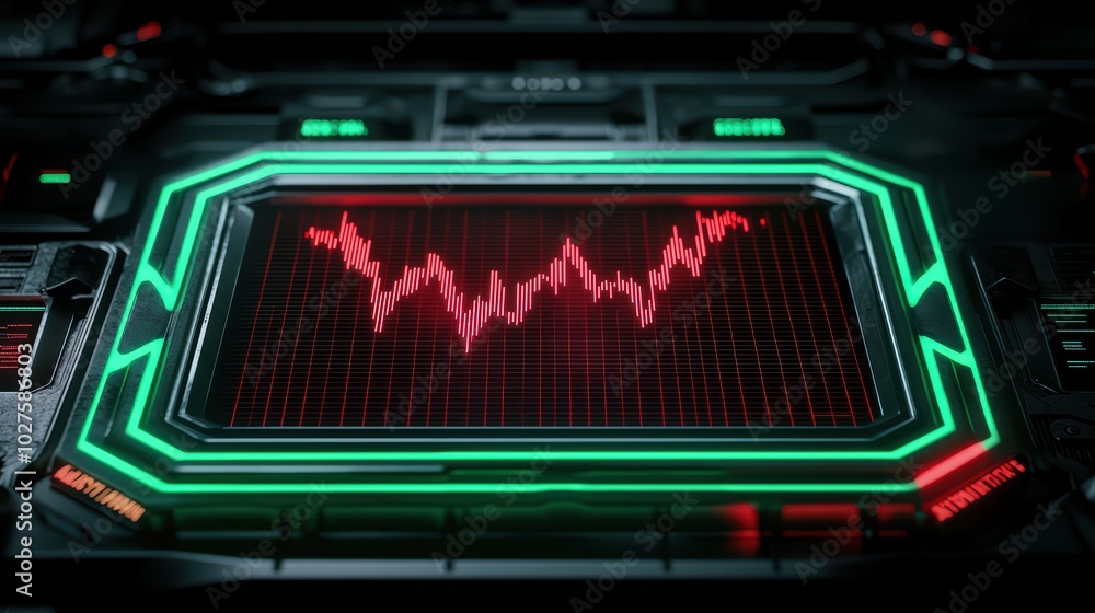 Poster futuristic display with a red and green chart showcasing data trends on a sleek digital interface.